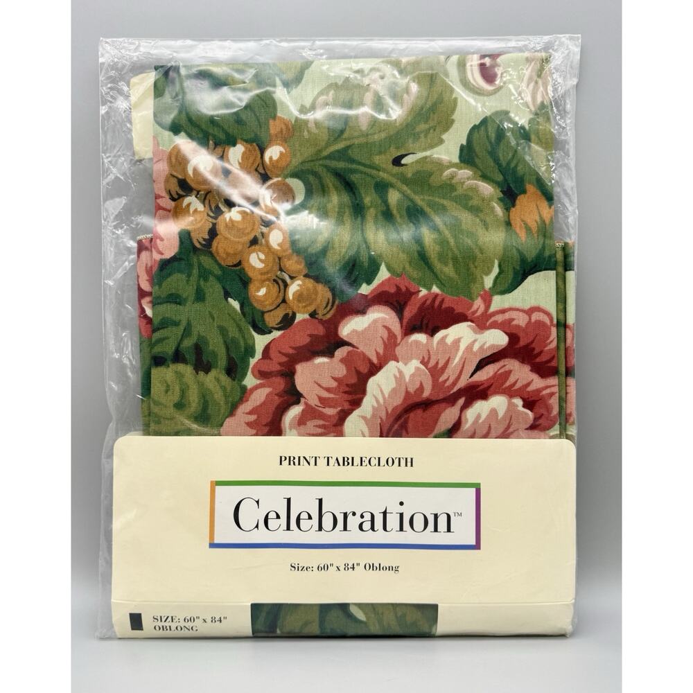 Vintage Mervyns Celebration Tablecloth 60x84 Oblong Floral Poly Cotton USA New